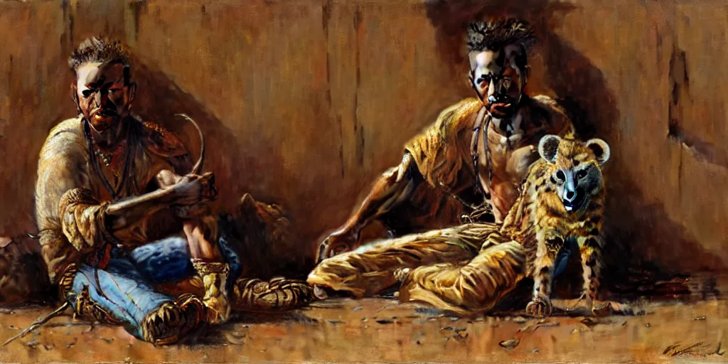 Image similar to a hyenaman wearing tshit and jeans sitting on the floor. highly detailed painting by gaston bussiere, craig mullins, j. c. leyendecker 8 k