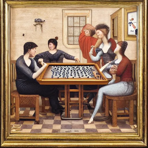 Image similar to churning versacci, starbucks by dino valls, by louis icart. a beautiful painting of a group of monkeys playing backgammon. the monkeys are seated around a table, with some of them appearing to be deep in concentration while others appear to be playing more casually.