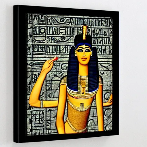 Prompt: cleopatra looking at her iphone with a view of the pyramids, ancient egyptian papyrus