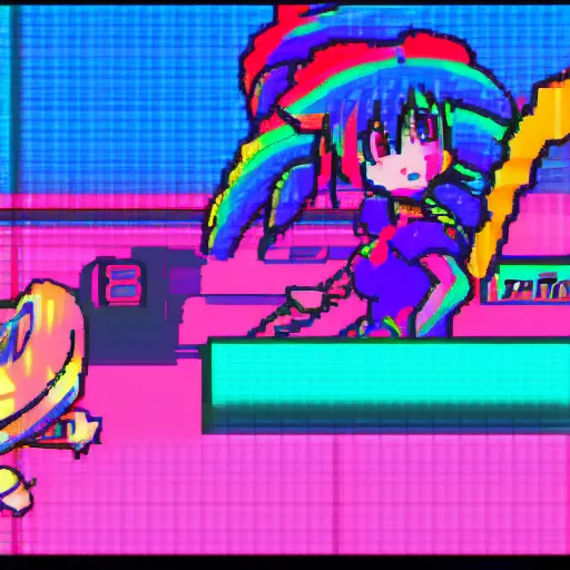 Prompt: CRT rainbowcore anime girl, saturation 100% full saturation, bitcrushed AI enhanced image, PS1 early computer graphics, maximalist maximalism video game UI