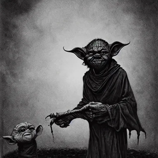 Prompt: horror goblin yoda, black blood dripping, creepy background, by john kenn mortensen and zdizslaw beksinski