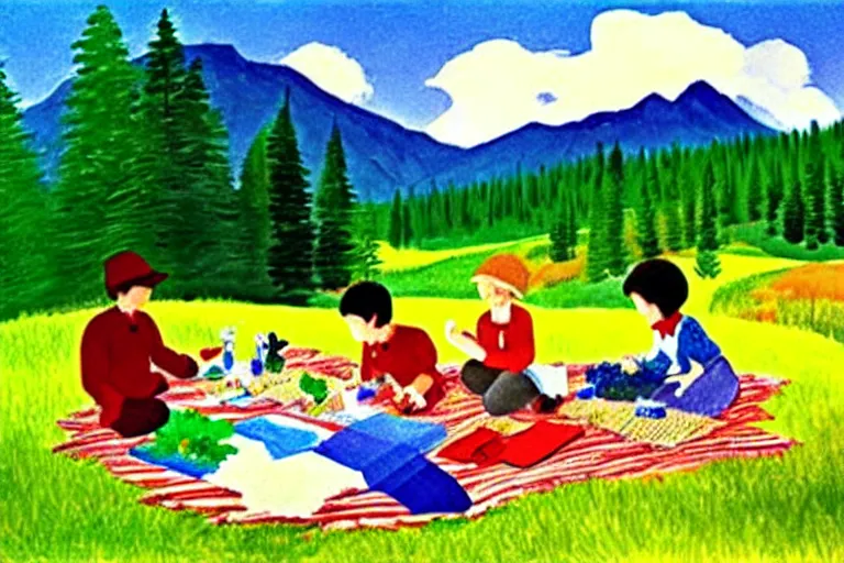 Image similar to ( ( ( ( ( ( ( a beautiful picnic scene in the rocky mountains ) ) ) ) ) ) ) by eric carle!!!!!!!!!!!!!!! detailed,