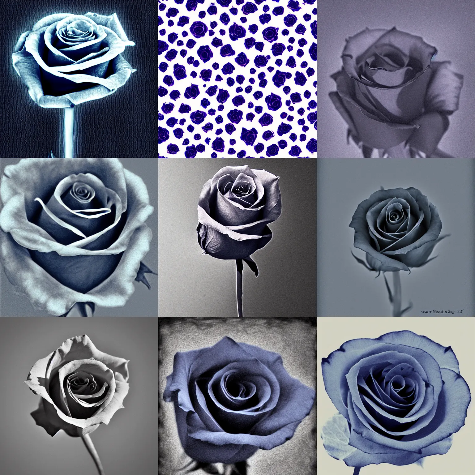 Prompt: single long stem rose super zoomed out x-ray silloutte out on dark sapphire blue background, grainy vintage