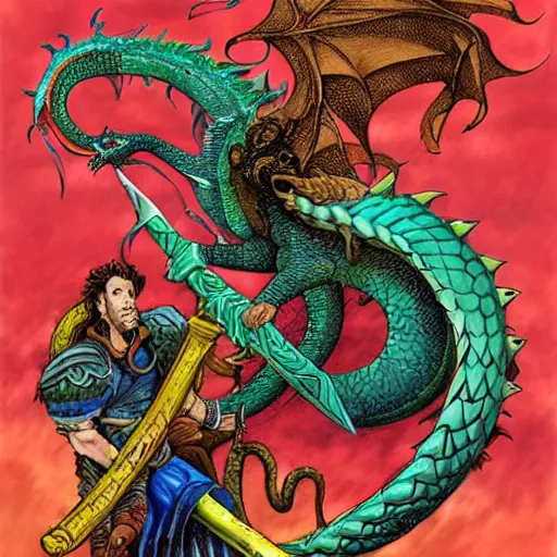 Prompt: full - color fantasy art by chris achilleos of a male barbarian riding a serpent - like dragon.