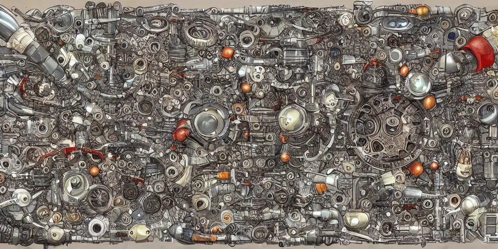 Prompt: beautiful schematic of a million fighting roosters made of rocket and car engine parts, schematic, dieselpunk, illustration, intricate, highly detailed, studio ghibli color scheme