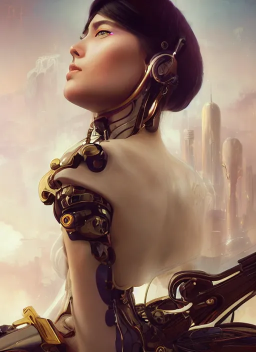 Image similar to beautiful delicate imaginative streamlined elegant futuristic close up portrait of a cyberpunk female sitting with elegant deadly looks, mechanical body on gold linings, smooth white and soft by ruan jia, tom bagshaw, alphonse mucha, krenz cushart, beautiful cyberpunk buildings in the background, epic sky, vray render, artstation, deviantart, pinterest, 5 0 0 px models