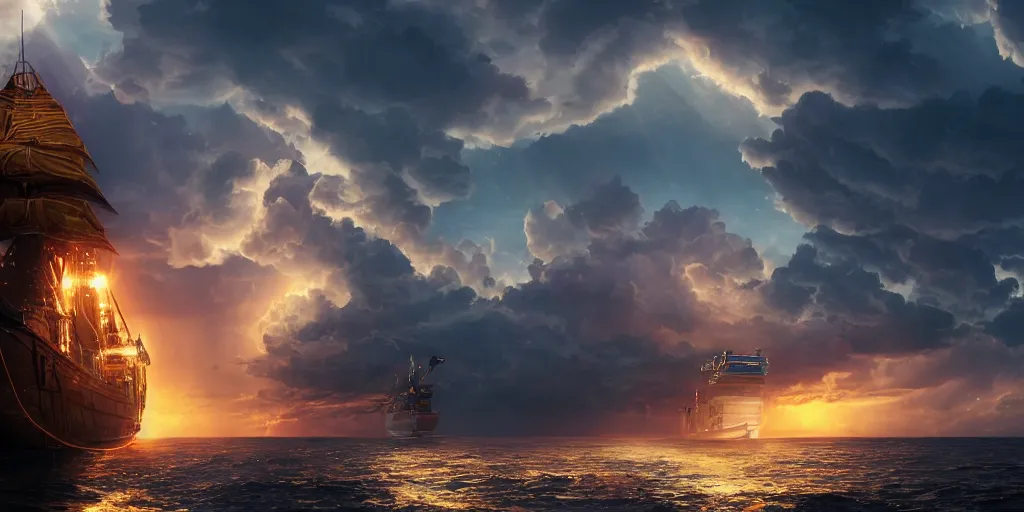 Image similar to portrait of a ship on the sea, close over the shoulder on the ship is a medieval woman ship pilot from behind , dramatic golden neon sunset with wall of storm clouds, wearing shiny breastplate, octane render, dynamic lighting, hyperrealistic, artstation