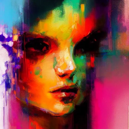 Prompt: abstract painting of a young woman in bright colours by jeremy mann, hd