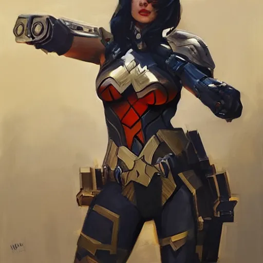 Image similar to greg manchess portrait painting of armored punisher wonderwoman as overwatch character, medium shot, asymmetrical, profile picture, organic painting, sunny day, matte painting, bold shapes, hard edges, street art, trending on artstation, by huang guangjian and gil elvgren and sachin teng