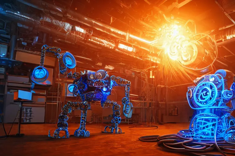 Prompt: photo of a huge golden and blue metal steampunk office robot with gears and tubes, in front is a huge pile of dollars, eyes are glowing red lightbulbs, shiny crisp finish, 3 d render, 8 k, insaneley detailed, fluorescent colors, background is multicolored lasershow