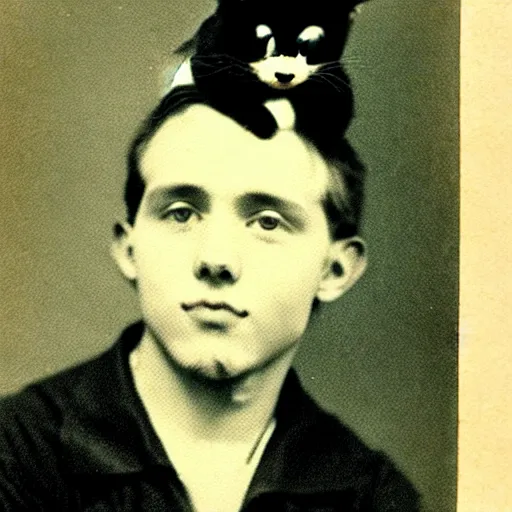 Image similar to a photo of a young man with a cat sitting on top of his head