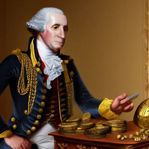 Image similar to a closeup photorealistic photograph of a happy George Washington inspecting small gold Doubloon coins at his home on Cherry Street. This 4K HD image is Trending on Artstation, featured on Behance, well-rendered, extra crisp, features intricate detail and the style of Unreal Engine.