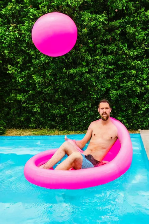 Image similar to man sitting in a pink kiddie pool, lawn flamingo, backyard, pool floaties