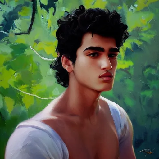 Image similar to oil painting by ilya kuvshinov, baugh casey, rhads, coby whitmore, of a youthful persian - indian college student, male, handsome, high cheekbones, large sensual mouth, curly black hair, outdoors, highly detailed, breathtaking face, studio photography, dawn, intense subsurface scattering, blush, supple look, innocence, intense sunlight