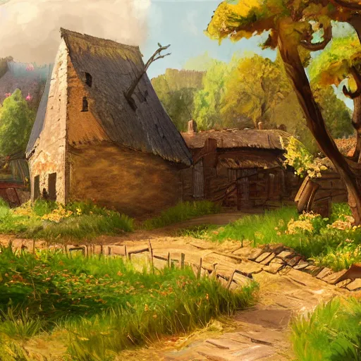 Prompt: high quality concept art from a historical fiction video game. A village in a meadow near a castle in springtime. Oil painting concept art