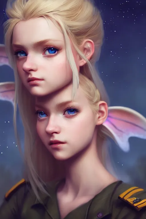 Image similar to cinematic shot of an epic portrait of a cute blonde fairy dressed in military clothes, stylised military clothes, shiny skin, beautiful eyes, beautiful, small details, night setting, realistic poster with volumetric light from craig mallism, artgerm, jeremy lipkin and michael garmash, unreal engine, radiant light, digital art, trends at art station, a masterpiece