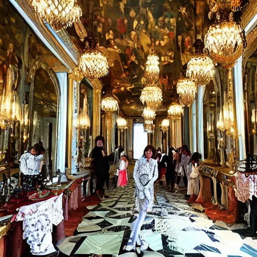 Prompt: a Victorian style party in the hall of mirrors