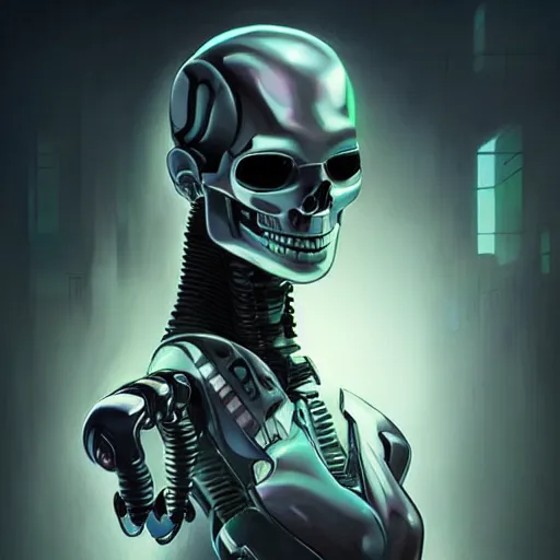 Image similar to skull - headed robot cyborg painting, illutstration, concept art, cyberpunk, futurism, comics art, artgerm, full body shot, wide angle