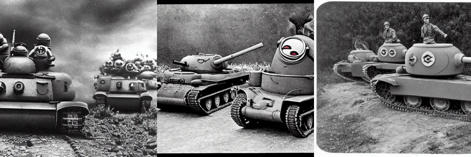 Prompt: vintage photograph of minions operating a tank during ww2