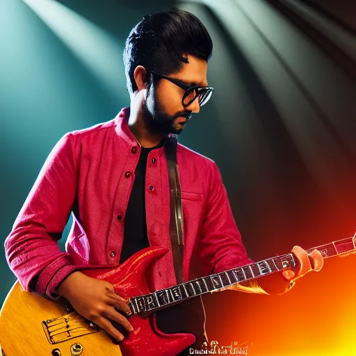 Prompt: portrait of bangladeshi singer songwriter james playing his red electric guitar on stage, concert lighting, photorealistic, dslr, 8 4 mm, editorial photography, high details, octane render, 4 k