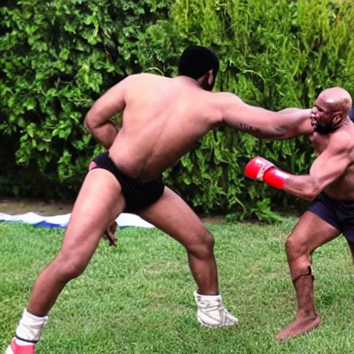 Image similar to mr. t fighting old man, backyard wrestling, intricate complexity, extremely detailed, very sharp,