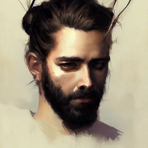 Image similar to a beautiful painting dramatic portrait of a young man with long hair tied in a bun and black beard holding a jack russell by greg rutkowski, featured on artstation