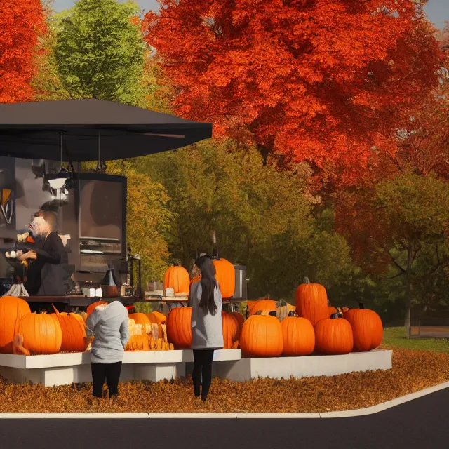 Image similar to pumpkin headed people ordering coffee at a coffee stand, red maple trees with fall foliage, volumetric, realistic, cinematic lighting, ray tracing, unreal engine 5, octane render, hyper realistic, photo, 8 k