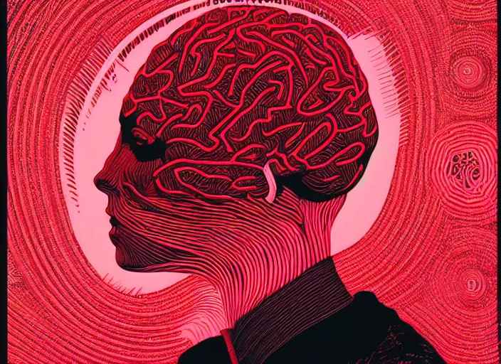 Prompt: a brain bathed in red lights lush line harsh gothic art brain made of ink strips and ink lines stripes brain, tristan eaton, victo ngai, artgerm, rhads, ross draws