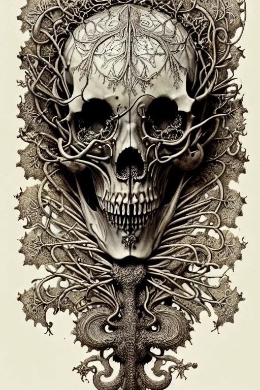 Image similar to art forms of nature by ernst haeckel, memento mori by arthur rackham, ornate antique porcelain beautiful skull mask, ultrasharp, photorealistic, hyperdetailed, octane render, polished, art nouveau, neo - gothic, gothic, intricate ornamental organic filigree, art nouveau botanicals, art forms of nature by ernst haeckel, horizontal symmetry, symbolist, visionary