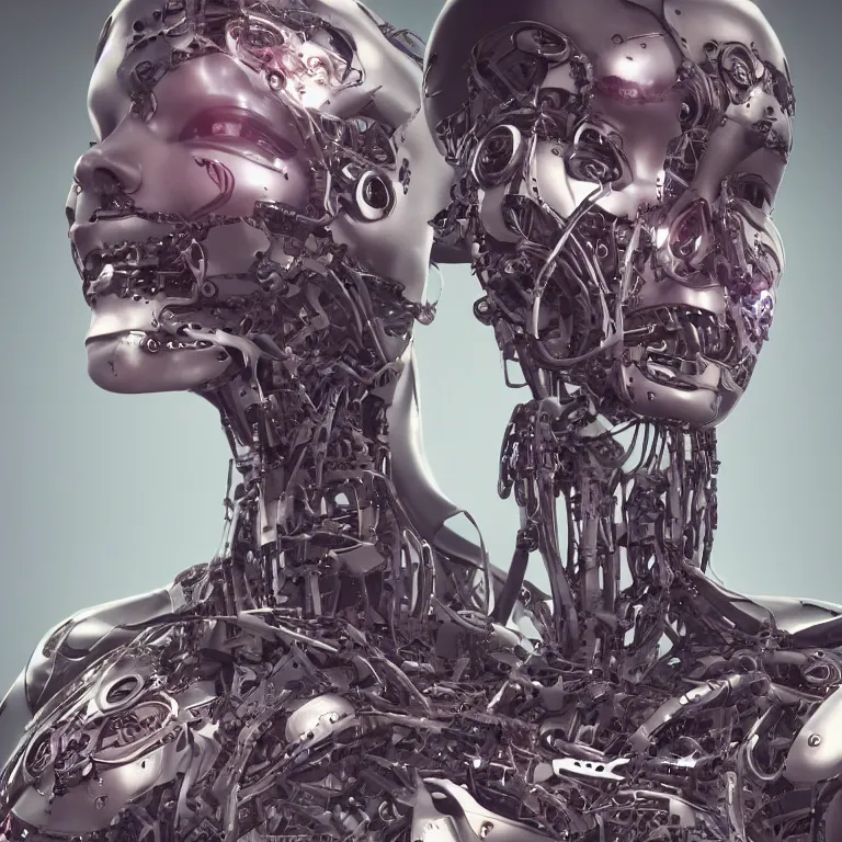 Prompt: an extremely beautiful biomechanical female looking robot with large fractal tattoos, chimeric organism, pale skin, organic polycarbon, full frontal portrait, ex machina, highly detailed, mendelbrot fractal, ray tracing, hyperdetailed, hyperrealistic, oppai cyberpunk, octane render, hdri, 4 k