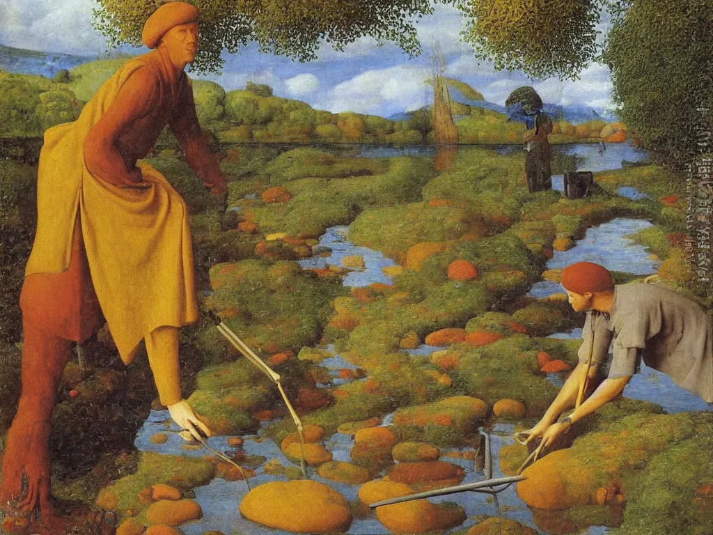 Image similar to Portrait of a painter washing his brush in a river. Humanoid rocks, coral-like pebbles, autumn light. Painting by Jan van Eyck, Rene Magritte, Jean Delville, Max Ernst