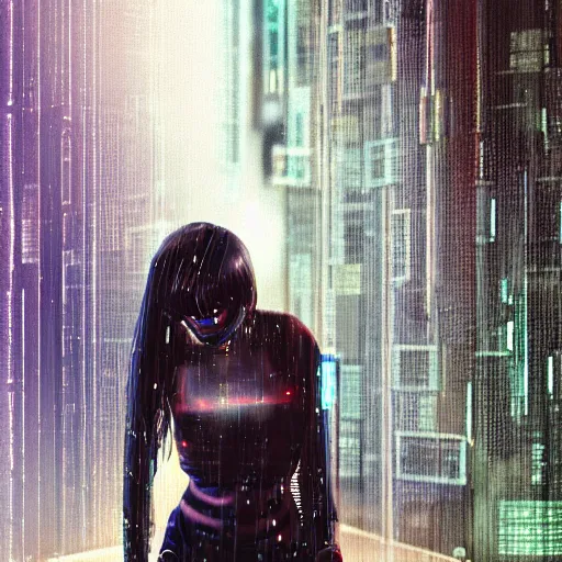 Image similar to hyperdetailed beautiful girl in the rain interacting with a holographic interface on a wall in a future cyber punk style city trending on cgsociety