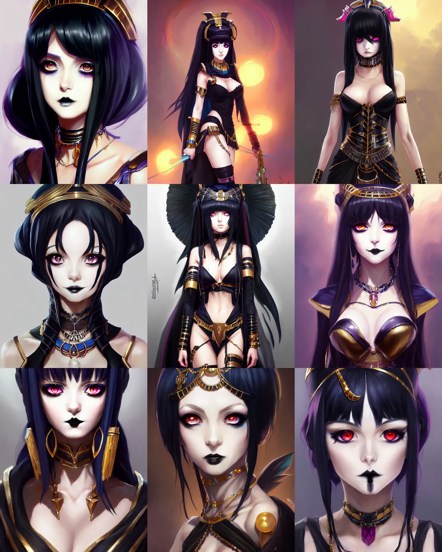 Prompt: Character concept art of a goth anime Cleopatra || cute-fine-face, pretty face, realistic shaded Perfect face, fine details by Stanley Artgerm Lau, WLOP, Rossdraws, James Jean, Andrei Riabovitchev, Marc Simonetti, and Sakimichan, tranding on artstation