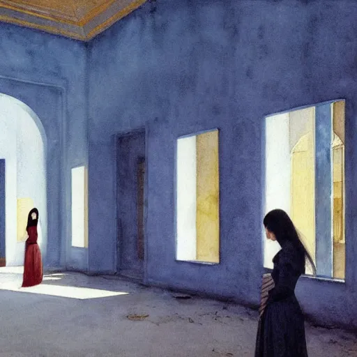 Prompt: procession of women in a blue and gold haunted liminal abandoned temple, watercolor by gottfried helnwein, by hammershøi, art noveau, highly detailed, lights by edward hopper, liminal, eerie, bright pastel colors