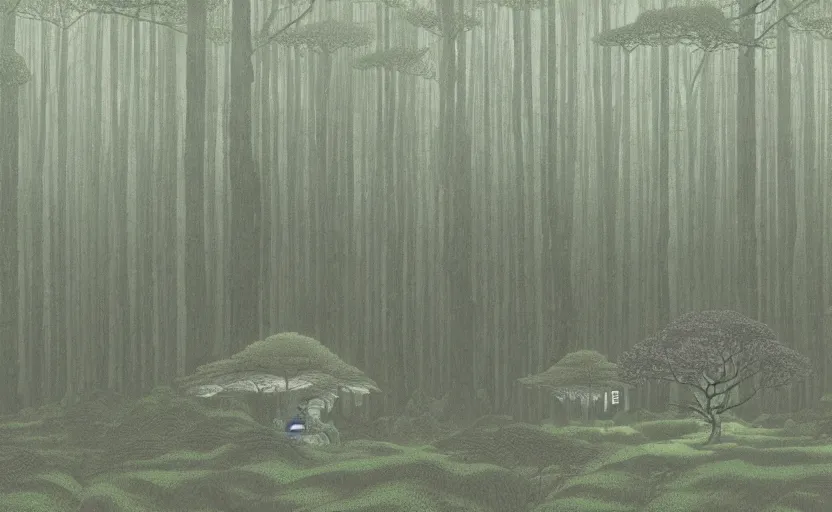 Image similar to giant forest with single shady cabin, made by Kawase Hasui in unkiyo-e style in dark and disturbing atmosphere with vibes of Joe Fenton, H. R. Giger, M. C. Escher, Z. Beksinski