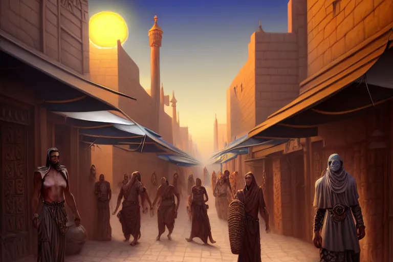 Prompt: a highly detailed crowded bazaar street in the desert city of tyr from the land of athas, amazing dark sun digital painting, by gerald brom, brom digital art, concept art, intricate details, ultra realistic, beautiful art, volumetric lighting, a blazing corona around the dark sun, by brom, trending cgsociety, artstation, rim lighting, 8 k