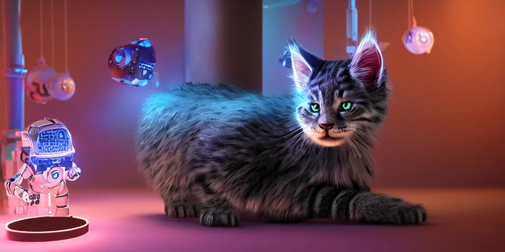 Prompt: a 3 d rendered movie still a cute robotic kitten with rgb ambient lighting implants. the robot maine coon kitten. in the background is a cyberpunk cat tree with rgb dramatic lighting. science fiction blockbuster movie from the future, imax 7 0 mm. octane 3 d render, style of mandalorian ( american space western television series )