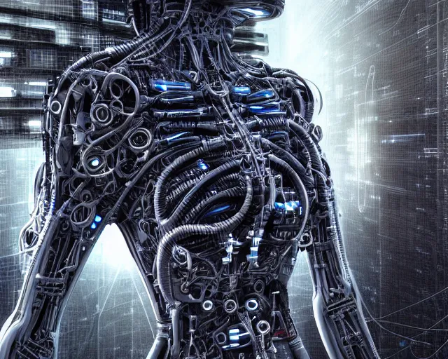 Image similar to photo of a biomechanical torso of a cyborg plugged into a quantum computer with cables and wires. cyberpunk horror style. art by luis royo. highly detailed 8 k. intricate. nikon d 8 5 0 5 5 mm. award winning photography.