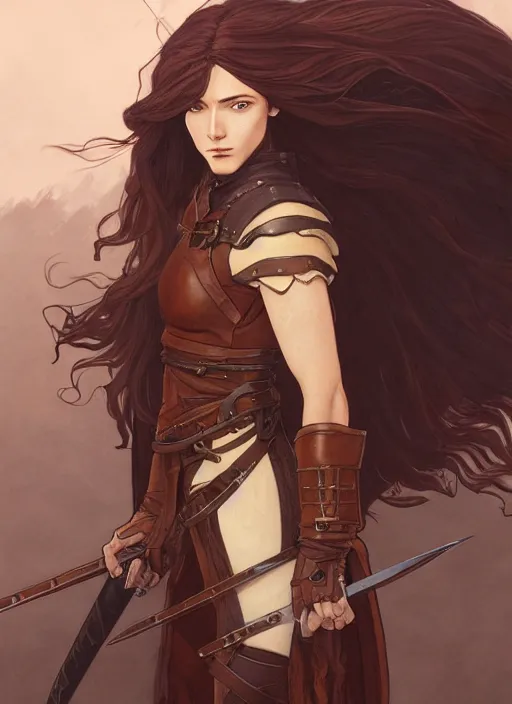 Prompt: strong female rogue in leather armor and cloak with long glowing brown hair, path traced, highly detailed, high quality, digital painting, by studio ghibli and alphonse mucha, leesha hannigan, makoto shinkai, disney