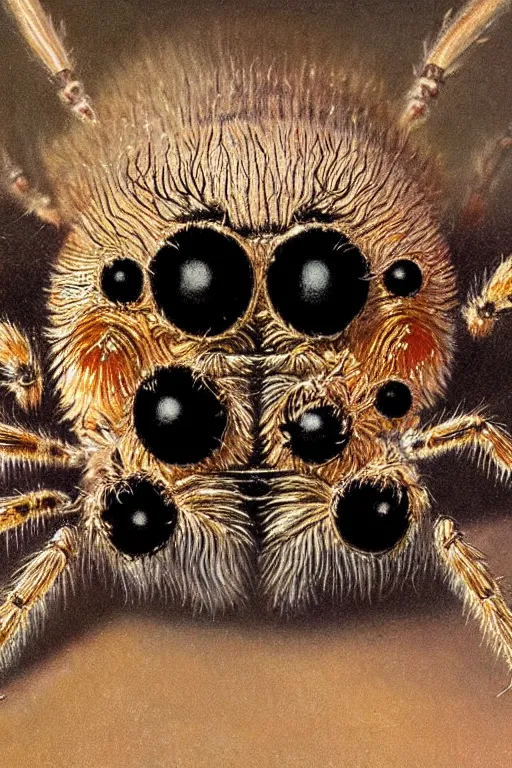 Prompt: closeup portrait of royal jumping spider. painting by gaston bussiere and craig mullins and j. c. leyendecker and ernst haeckel and john william godward and hammershøi