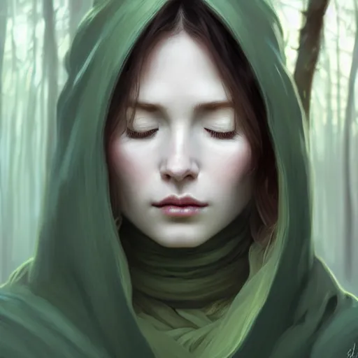 Image similar to wide angle, cloaked woman, white green brown blue color palette, eyes closed, forest, female, d & d, fantasy, intricate, elegant, highly detailed, long red hair, digital painting, artstation, octane render, concept art, matte, sharp focus, illustration, hearthstone, art by artgerm, alphonse mucha johannes voss