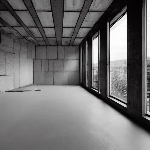 Image similar to a photo of a brutalist interior with high ceilings and big windows