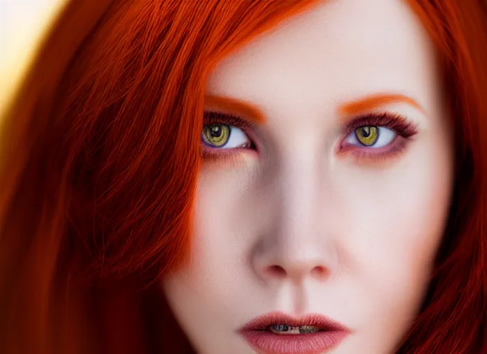 Image similar to 5 5 mm portrait photo of a redhead woman's face with ( intricate cat eyes )!!. highly detailed 8 k. intricate. lifelike. soft light. nikom d 8 5 0. cinematic post - processing