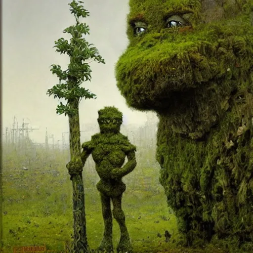 Prompt: a lost and bewildered mossy earth golem holding a sapling standing in a busy industrial street | painting by james gurney