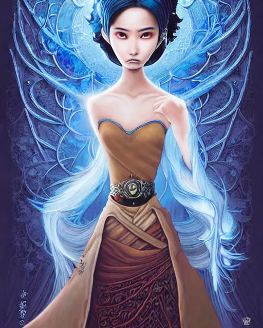 Prompt: an epic fantasy comic book style painting of a young malaysian woman, flying ice magician, lace, expressive, cold palette, dark piercing eyes, tan skin, beautiful futuristic hair style, awesome pose, character design by mark ryden pixar hayao miyazaki, ue 5