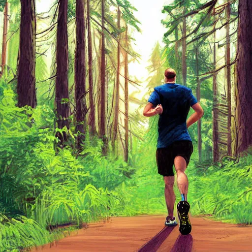 Image similar to a sporty guy runs alone through a forest with tall trees, acid-green sneakers, a shot from the back in perspective, art by Steve Henderson,