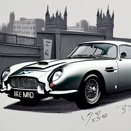 Image similar to a marker pen sketch of an aston martin db 5, in a rich london business district street, medium range, studio ghibli, ( pixar ) and disney animation, sharp, very detailed, bloom, high resolution, anime key art by greg rutkowski