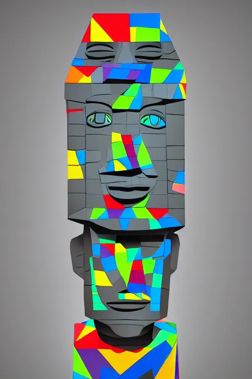 Image similar to cubist moai statue cutout digital illustration cartoon colorful beeple