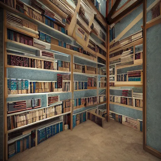 Prompt: empty hall converted with pool tiles, shelves filled with books and water canals, trending on artstation