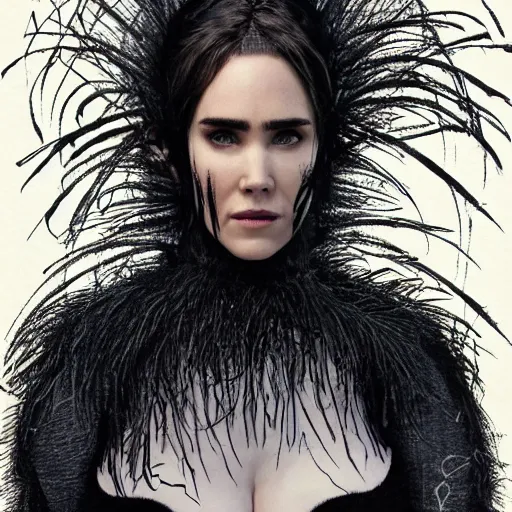 Image similar to jennifer connelly as odile the black swan, gray skin, wearing black hooded cloak, black feathers instead of hair, black feathers growing out of skin, bumpy skin, screaming, losing control, black feathers growing out of face, black hands with black claws, highly detailed, comic book, romantic, mike mignogna, david mack, trending on artstation